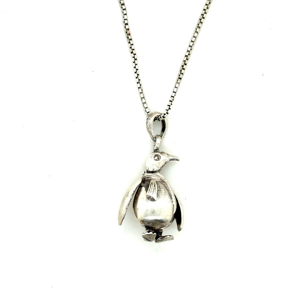 Sterling Silver Penguin Pendant Necklace 17‎ Inch Box Chain 925 Animal Jewelry